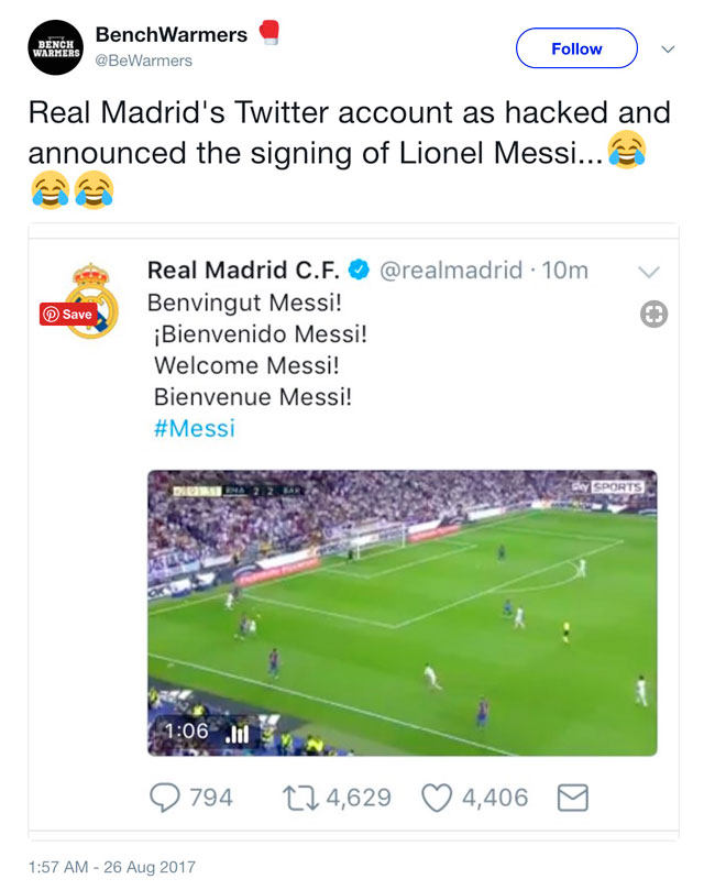 សារលើ Twitter របស់ Read Madrid ស្វាគមន៍ Lionel Messi មកកាន់ក្លឹបរបស់ខ្លួន តែអ្នកគាំទ្ររបស់ Barcelona ថា ...
