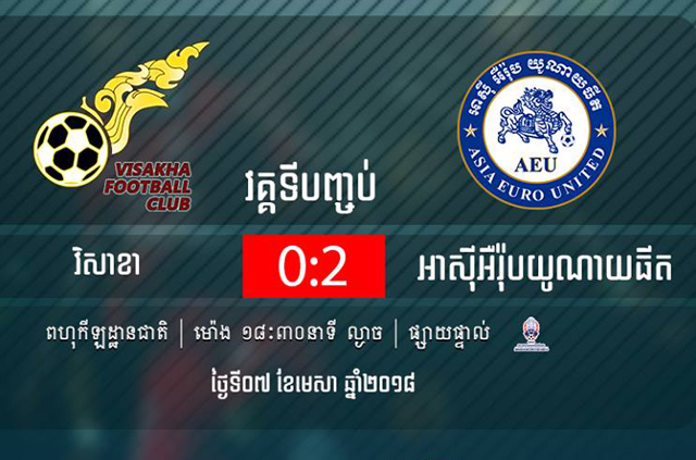 Metfone Cambodian League៖​ វិសាខា​ចាញ់​អាស៊ីអឺរ៉ុប​២​ទល់​០​ខណៈ​ក្រោន​ចាញ់​ណាហ្គា
